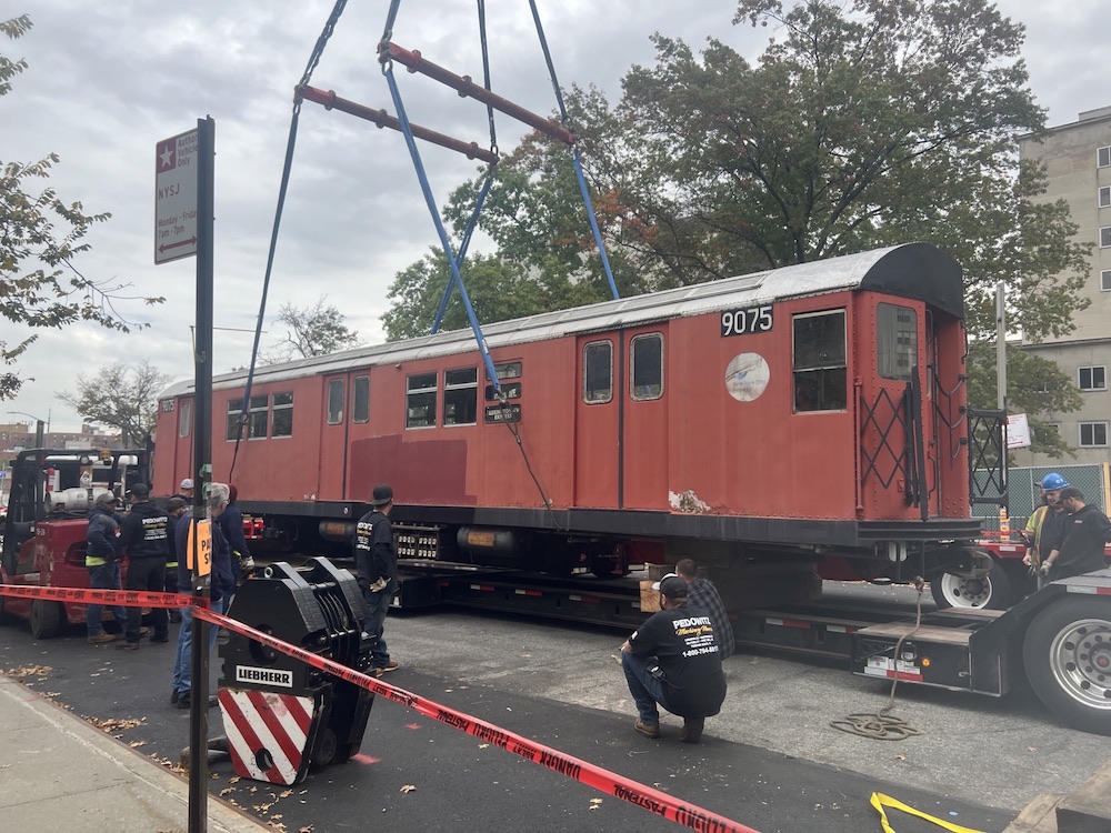 Pedowitz Machinery Movers NYC Trucking Rigging Company Moving Redbird Antique Railcars New York to New Jersey old 7 train vintage 5